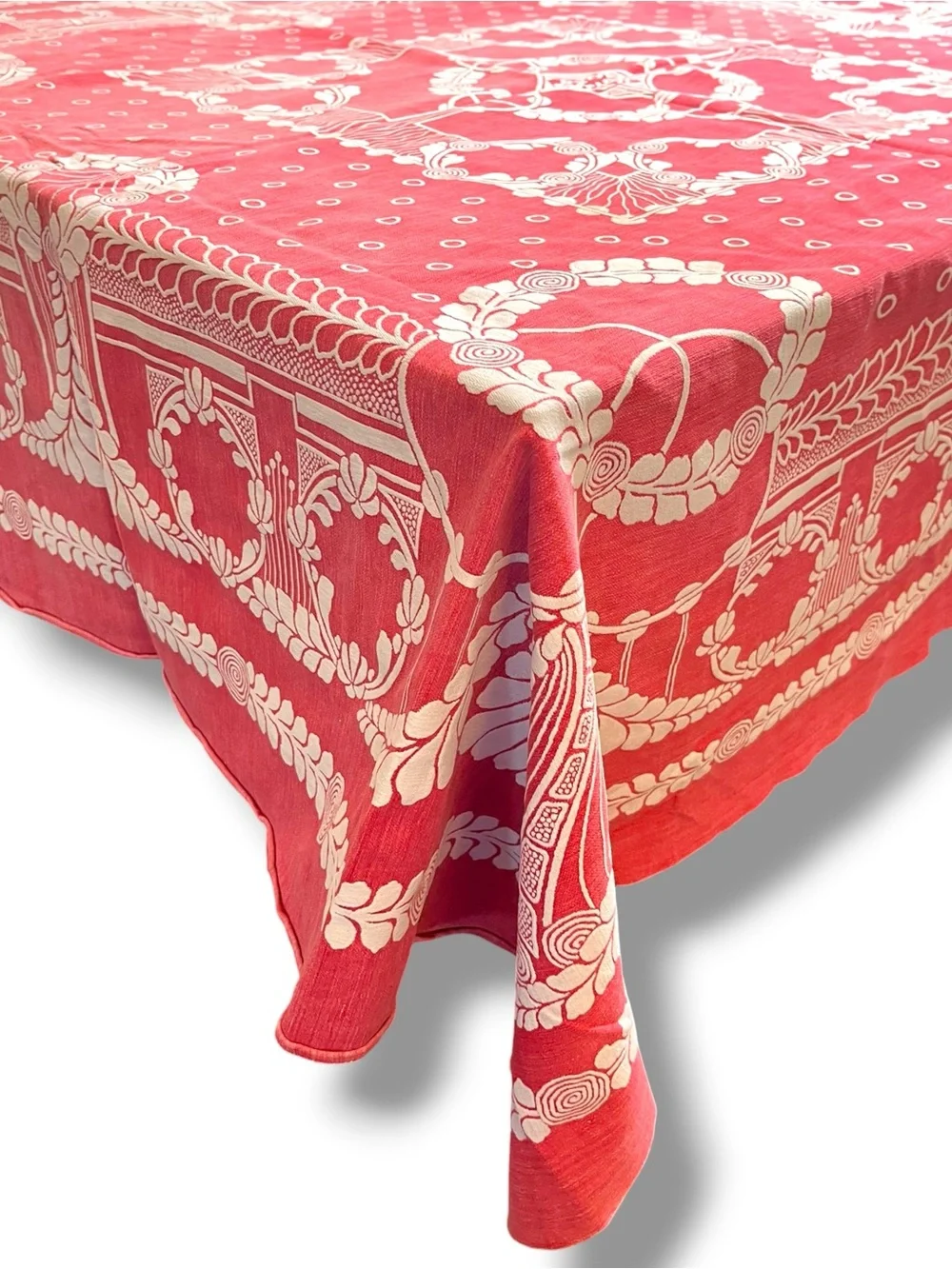 Vintage Reversible Red and White Jacquard Tablecloth